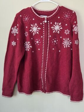 Croft & Barrow Snowflake Rhinestone Zip-Front Red Women's Sweater Cottagecore
